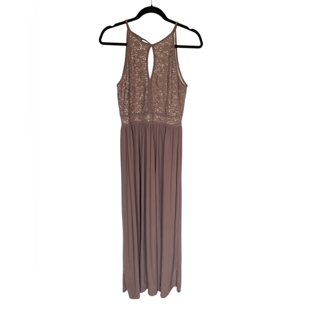 Nightway Keyhole Sequin Top Halter Formal Dress Taupe Size 12